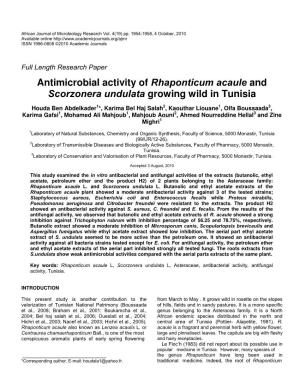 Antimicrobial Activity of Rhaponticum Acaule and Scorzonera Undulata Growing Wild in Tunisia