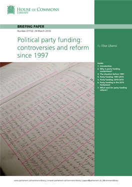 Political Party Funding: Controversies and Reform Since 1997