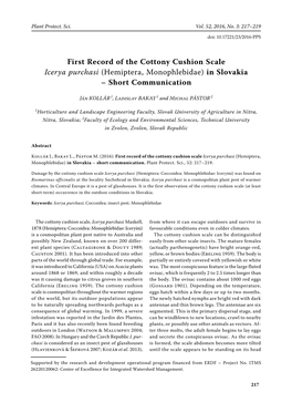 First Record of the Cottony Cushion Scale Icerya Purchasi (Hemiptera, Monophlebidae) in Slovakia – Short Communication