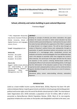 School, Ethnicity and Nation-Building in Post-Colonial Myanmar Francesco Bigagli*