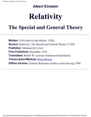 Relativity: the Special and General Theory Albert Einstein Relativity the Special and General Theory