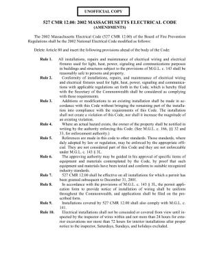 2002 Massachusetts Electrical Code (Amendments)
