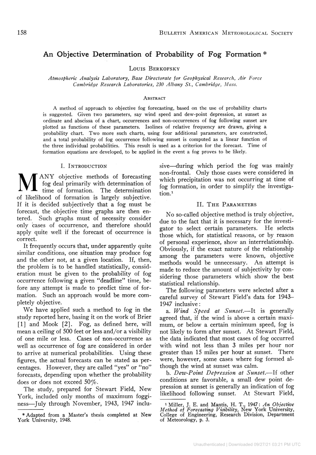 An Objective Determination of Probability of Fog Formation *