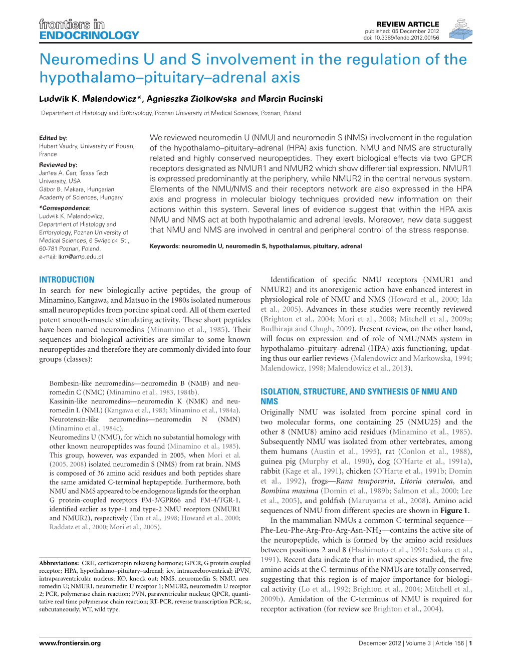 Neuromedins U and S Involvement in the Regulation of the Hypothalamo–Pituitary–Adrenal Axis