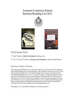 Vermont Commons School Summer Reading List 2011