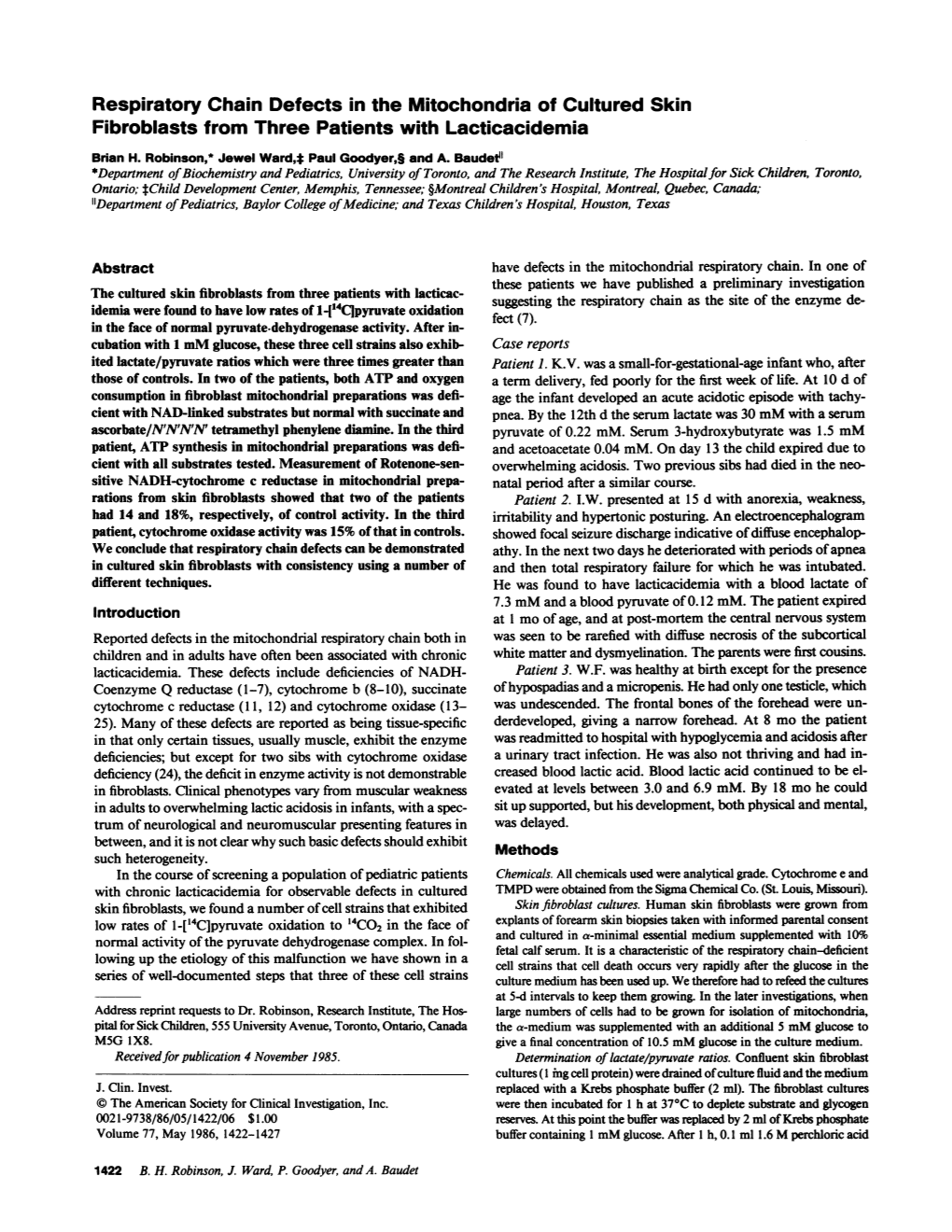 Respiratory Chain Defectsin the Mitochondria of Cultured Skin