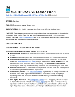 Lesson Plan 1 Earth Day 1970 to #Earthdaylive2020—50 Years & a New Era (6:05 Minutes)​ ​ ​