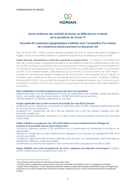 Bonne Résilience Des Activités De Korian En 2020 Dans Le Contexte De La Pandémie De Covid-19