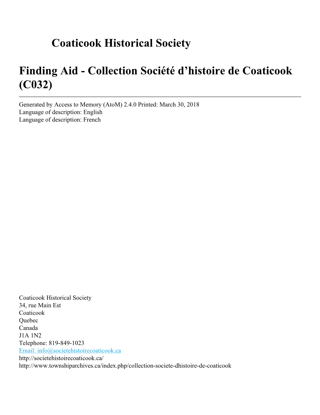 Collection Société D'histoire De Coaticook