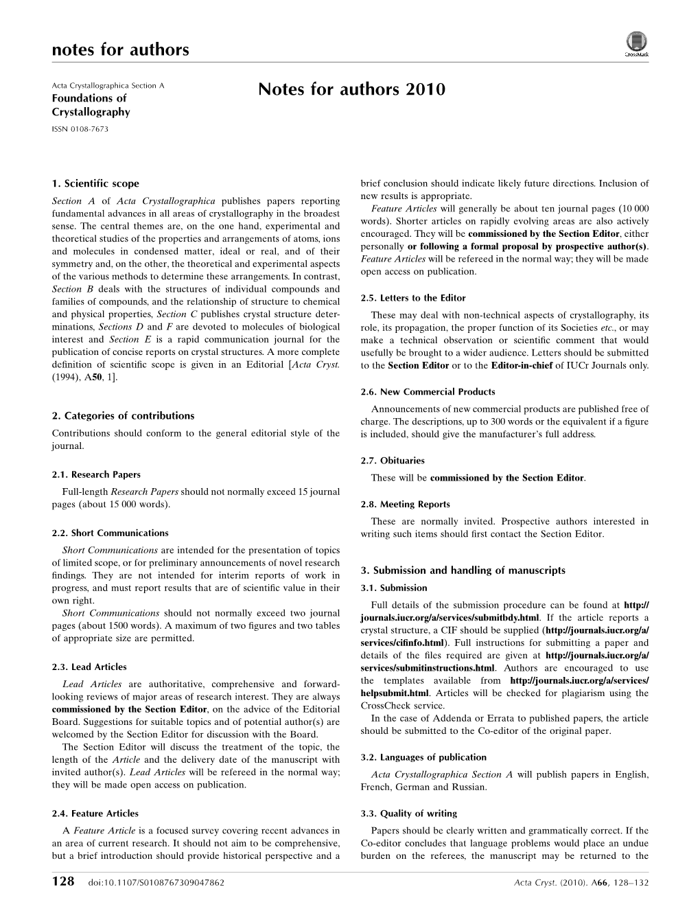 Notes for Authors 2010 Crystallography ISSN 0108-7673