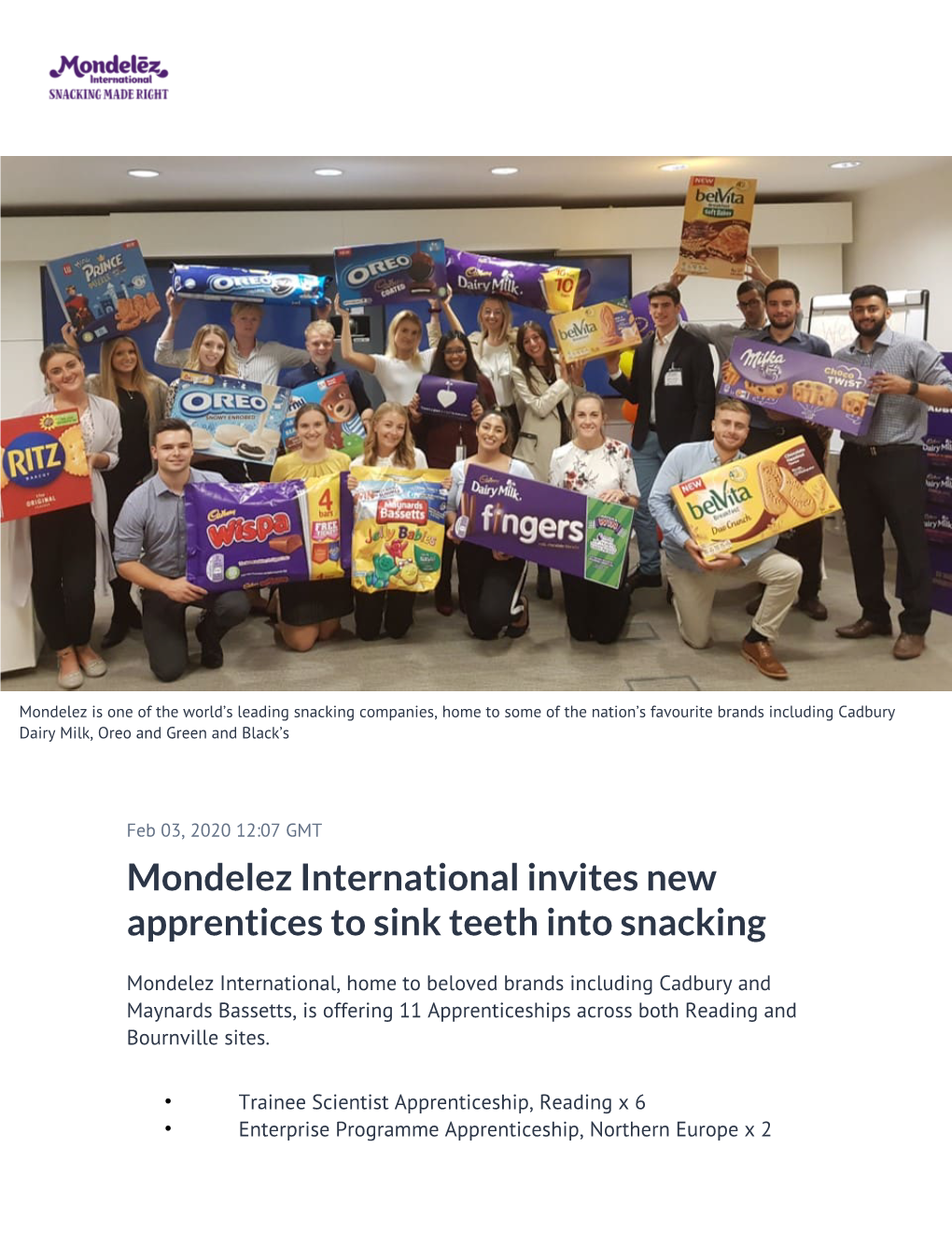 Mondelez International Invites New Apprentices to Sink Teeth Into Snacking