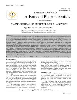 Pharmaceutical Ion Exchange Resins – a Review