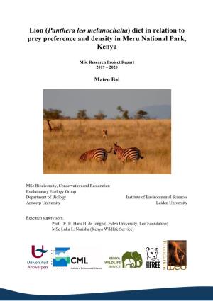 Lion (Panthera Leo Melanochaita) Diet in Relation to Prey Preference and Density in Meru National Park, Kenya