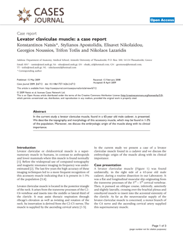 Levator Claviculae Muscle: a Case Report Konstantinos Natsis*, Stylianos Apostolidis, Elisavet Nikolaidou, Georgios Noussios, Trifon Totlis and Nikolaos Lazaridis