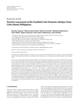 Toxicity Assessment of the Xanthid Crab Demania Cultripes from Cebu Island, Philippines