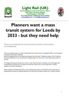 Planners Want a Mass Transit System for Leeds by 2033 - but They Need Help