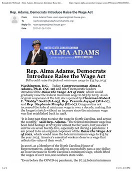 Rep. Alma Adams, Democrats Introduce Raise the Wage Act Bill Would Raise the Federal Minimum Wage to $15 by 2025