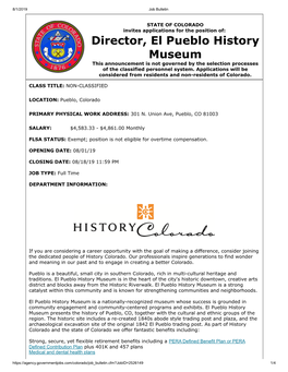 Director, El Pueblo History Museum This Announcement Is Not Governed by the Selection Processes of the Classified Personnel System