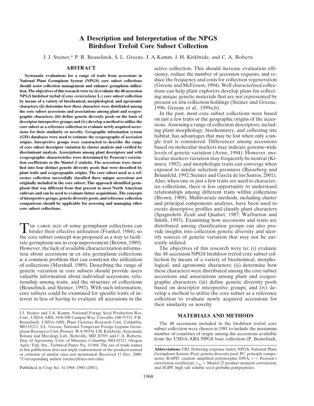 A Description and Interpretation of the NPGS Birdsfoot Trefoil Core Subset Collection