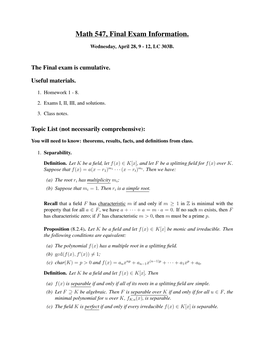 Math 547, Final Exam Information