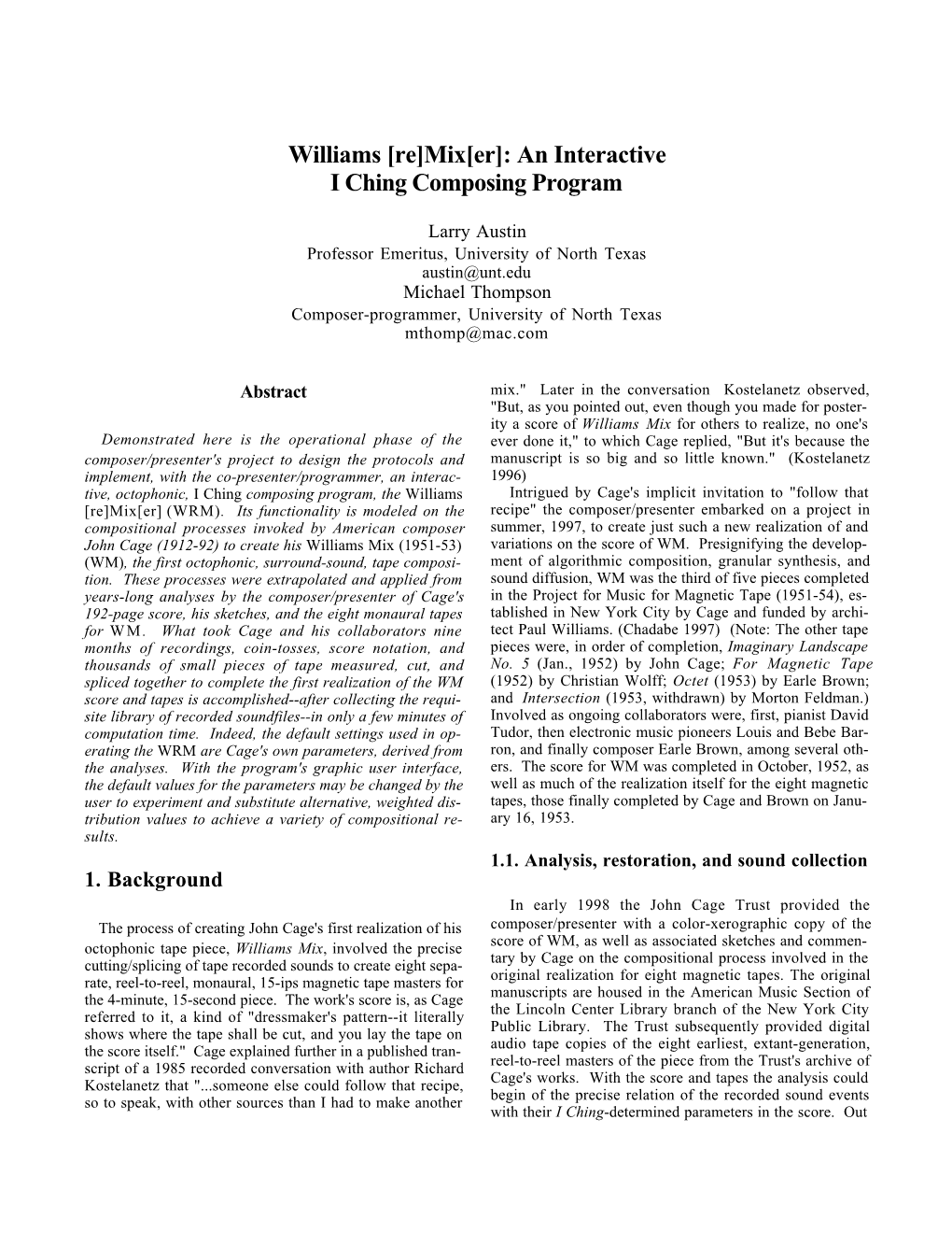 Williams [Re]Mix[Er]: an Interactive I Ching Composing Program