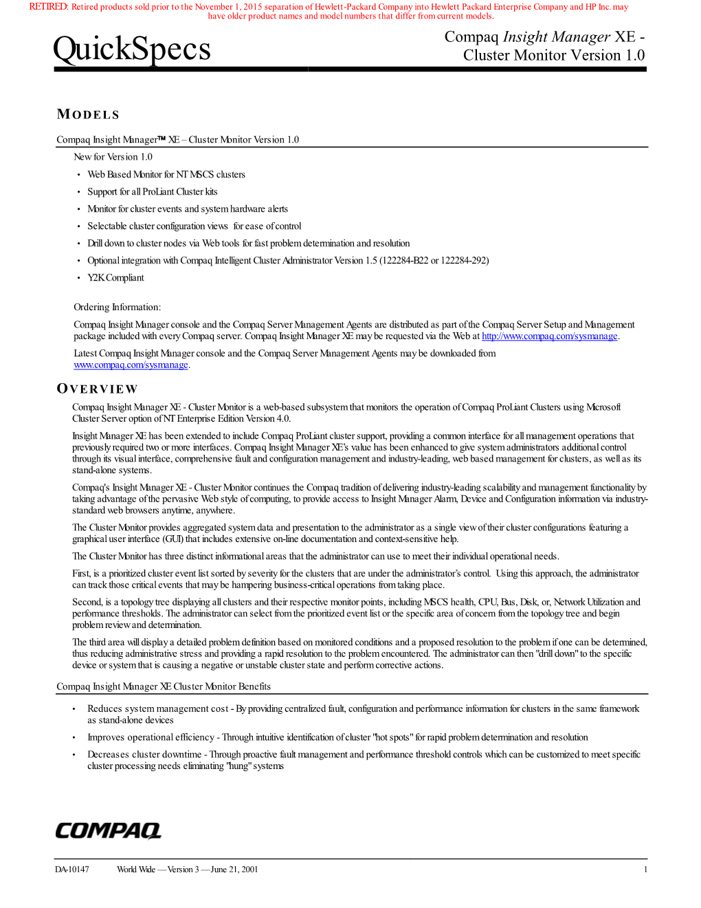 Quickspecs Cluster Monitor Version 1.0