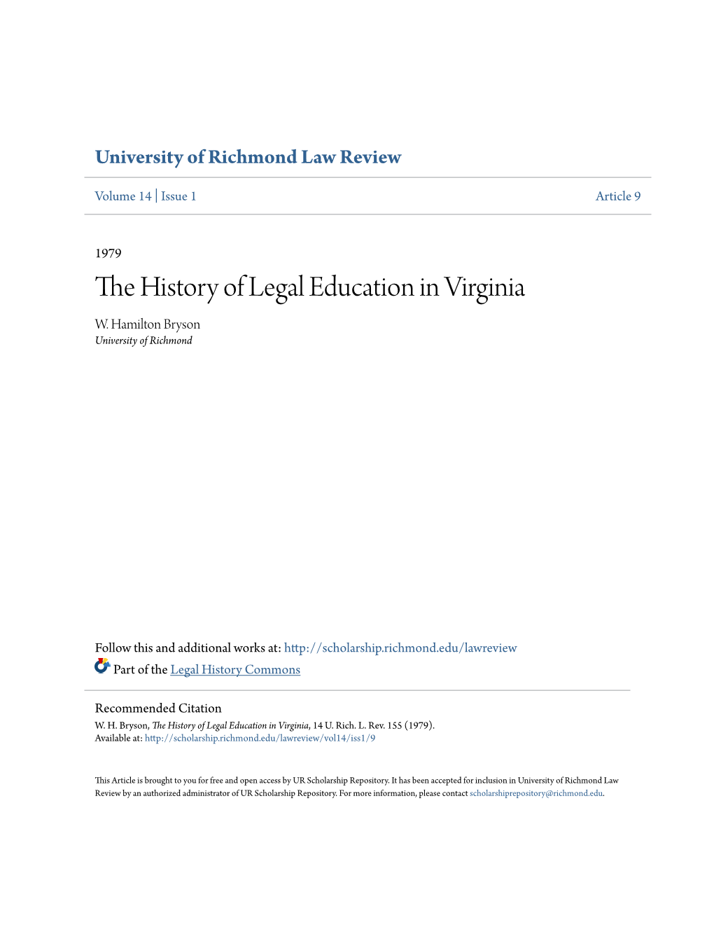 The History of Legal Education in Virginia, 14 U