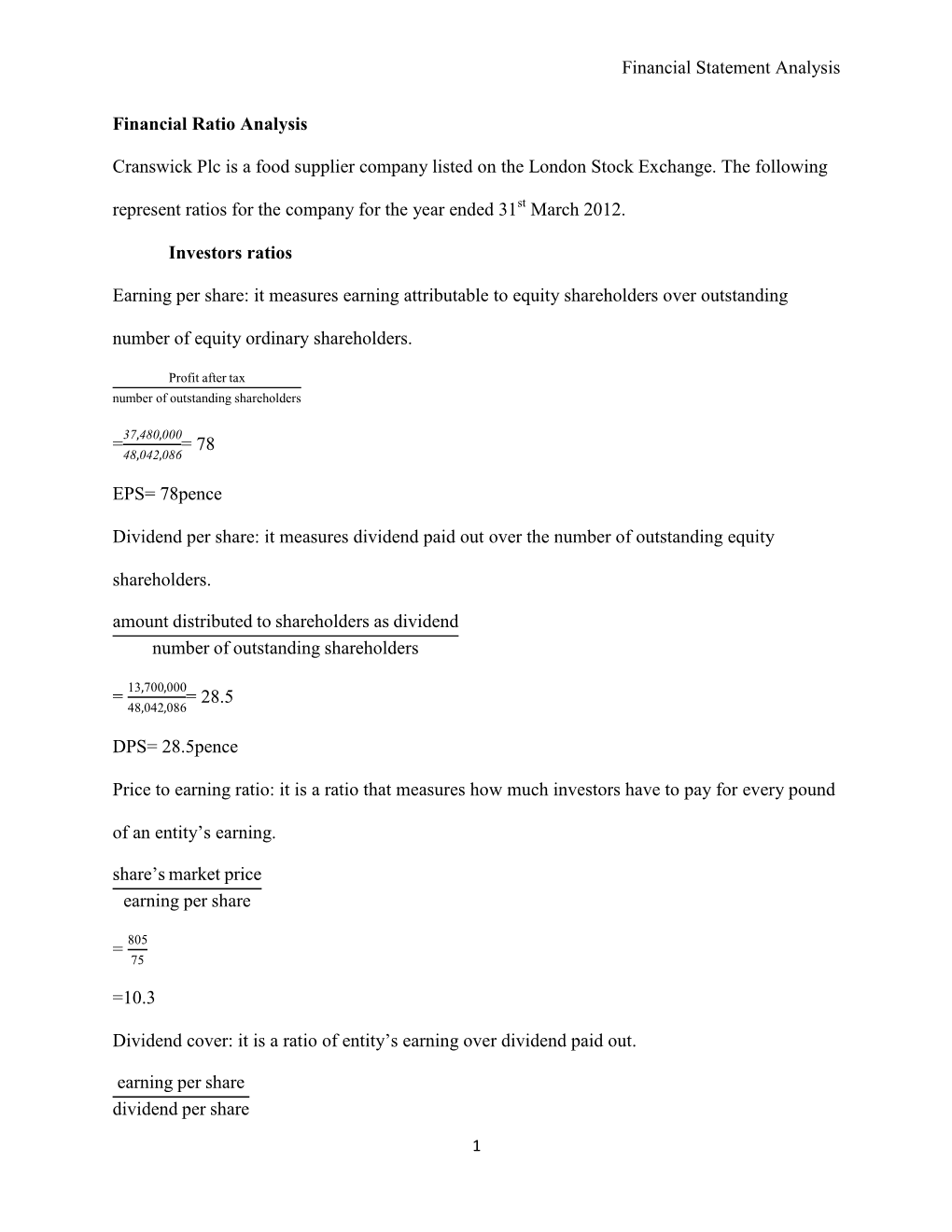 Financial Statement Analysis Financial Ratio Analysis Cranswick