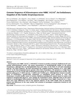 Genome Sequence of Kitasatospora Setae NBRC 14216T: an Evolutionary Snapshot of the Family Streptomycetaceae