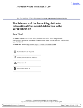 The Relevance of the Rome I Regulation to International Commercial Arbitration in the European Union