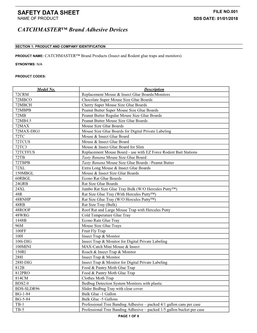 Catchmaster Brand Adhesive Devices 2018 SDS.Pdf