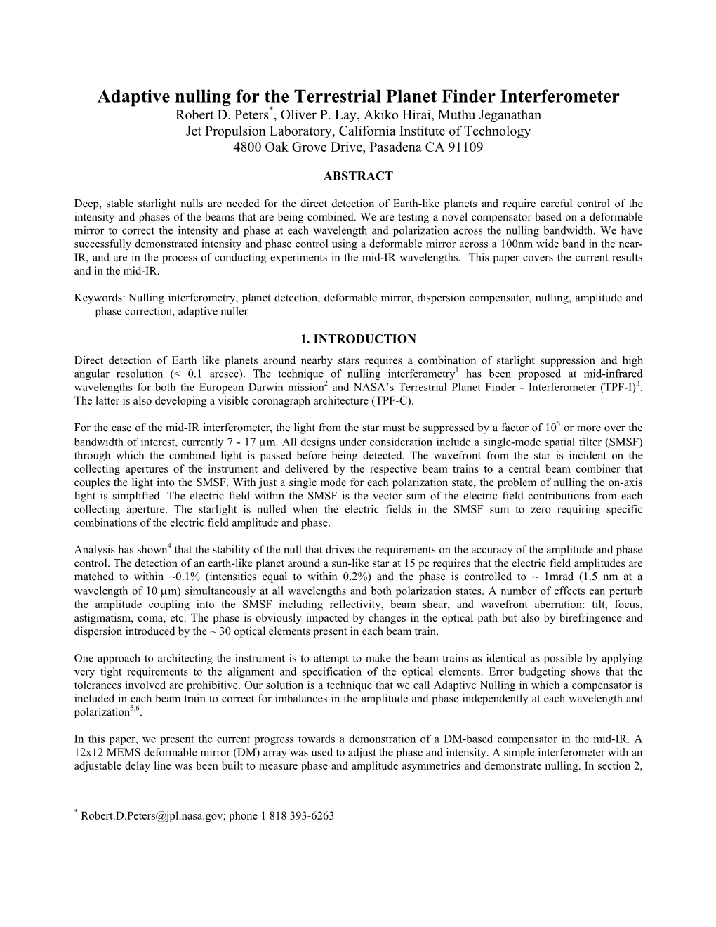 Adaptive Nulling for the Terrestrial Planet Finder Interferometer Robert D