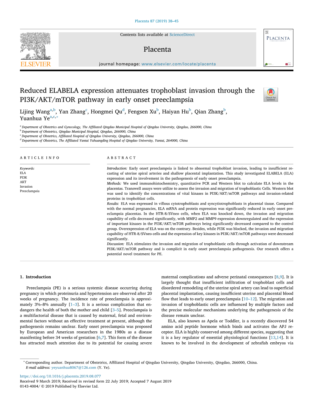 Reduced ELABELA Expression Attenuates Trophoblast Invasion Through the PI3K/AKT/Mtor Pathway in Early Onset Preeclampsia T