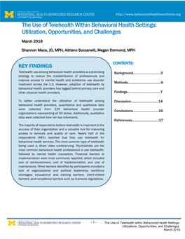 The Use of Telehealth Within Behavioral Health Settings: Utilization, Opportunities, and Challenges