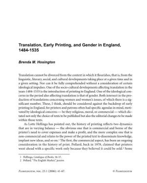 Translation, Early Printing, and Gender in England, 1484-1535