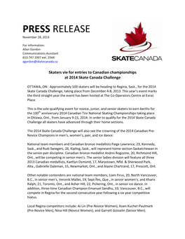Skaters Vie for Entries to Canadian Championships at 2014 Skate Canada Challenge