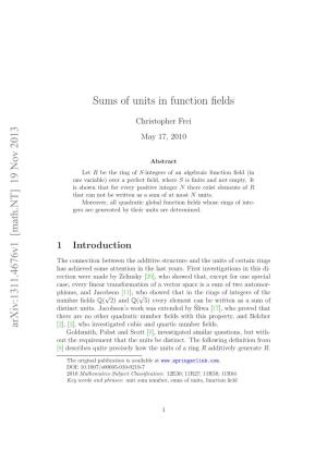 Arxiv:1311.4676V1 [Math.NT] 19 Nov 2013 Sums of Units in Function Fields