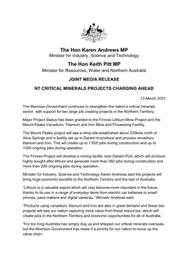 The Hon Karen Andrews MP the Hon Keith Pitt MP