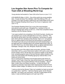 Los Angeles Star Aaron Pico to Compete for Team USA at Wrestling World Cup