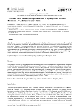 Taxonomic Status and Morphological Variation of Hydrodynastes Bicinctus (Hermann, 1804) (Serpentes: Dipsadidae)