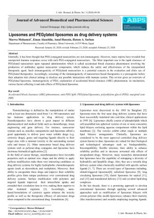 Liposomes and Pegylated Liposomes As Drug Delivery Systems * Marwa Mohamed , Eman Alaaeldin, Amal Hussein, Hatem A