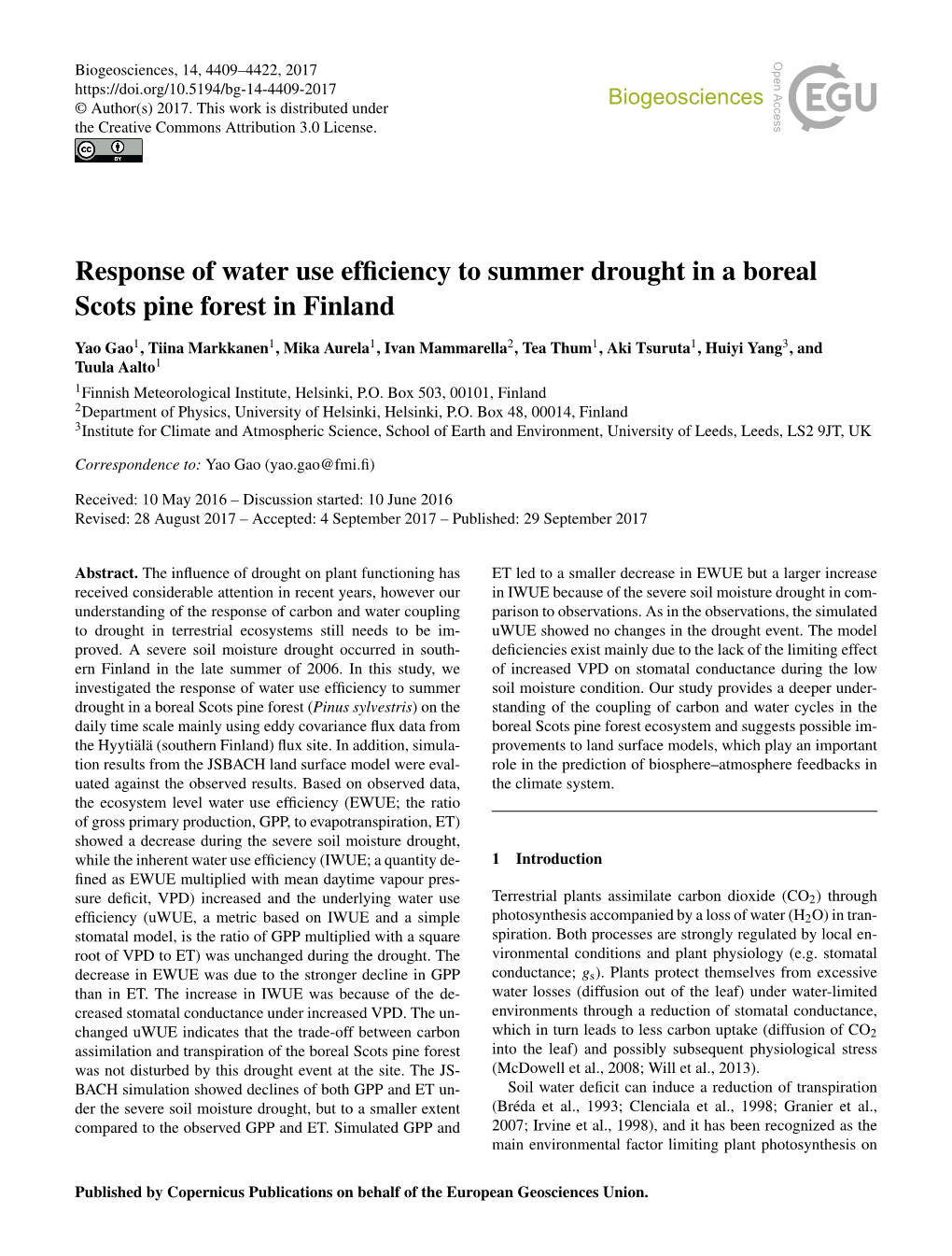 Response of Water Use Efficiency to Summer Drought in a Boreal Scots