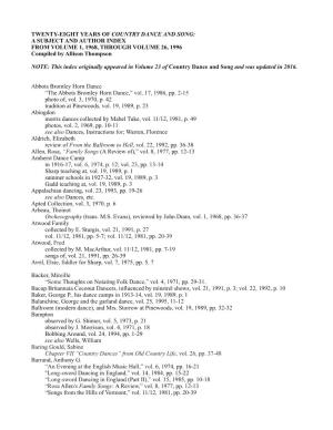 COUNTRY DANCE and SONG: a SUBJECT and AUTHOR INDEX from VOLUME 1, 1968, THROUGH VOLUME 26, 1996 Compiled by Allison Thompson