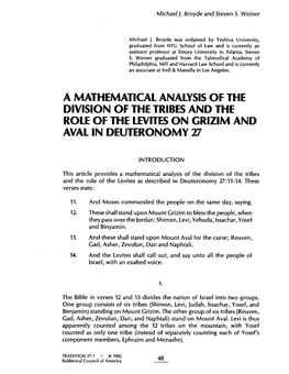 A Mathematical Analysis of the Division of the Tribes and the Role of the Leviyes on Grizim and Aval in Deuteronomy 27