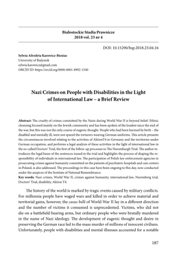 Nazi Crimes on People with Disabilities in the Light of International Law – a Brief Review