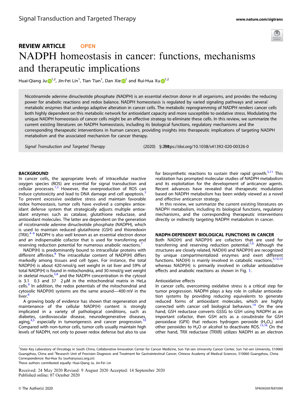 NADPH Homeostasis in Cancer: Functions, Mechanisms and Therapeutic Implications