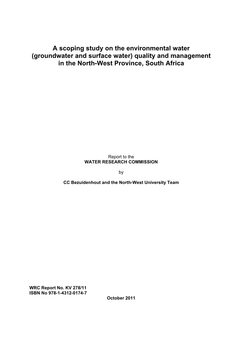 Groundwater and Surface Water) Quality and Management in the North-West Province, South Africa