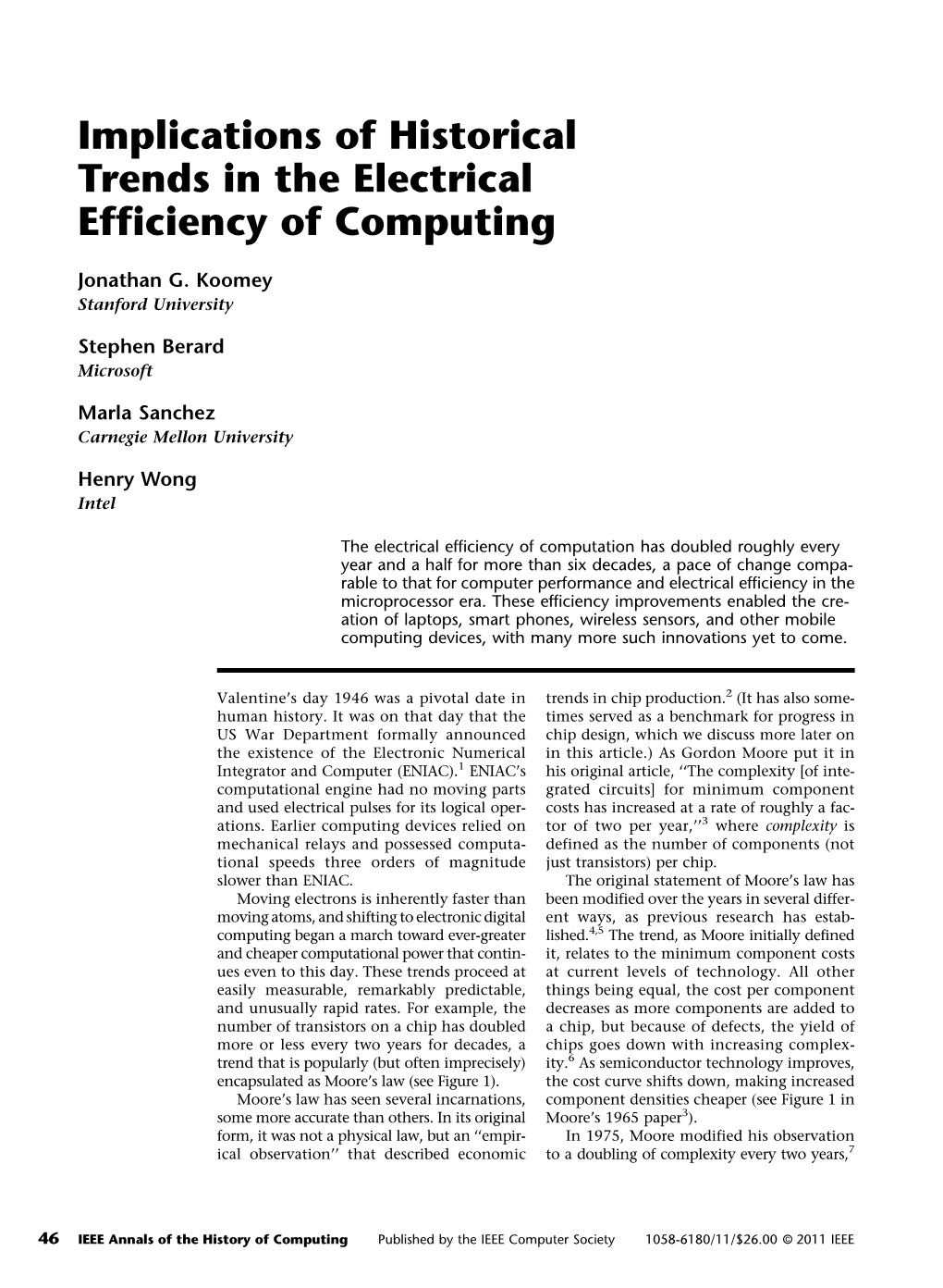 Implications of Historical Trends in the Electrical Efficiency of Computing