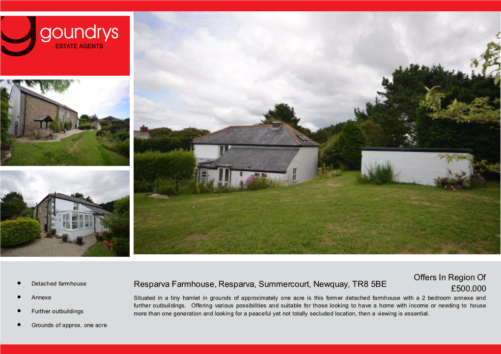 Resparva Farmhouse, Resparva, Summercourt, Newquay, TR8 5BE