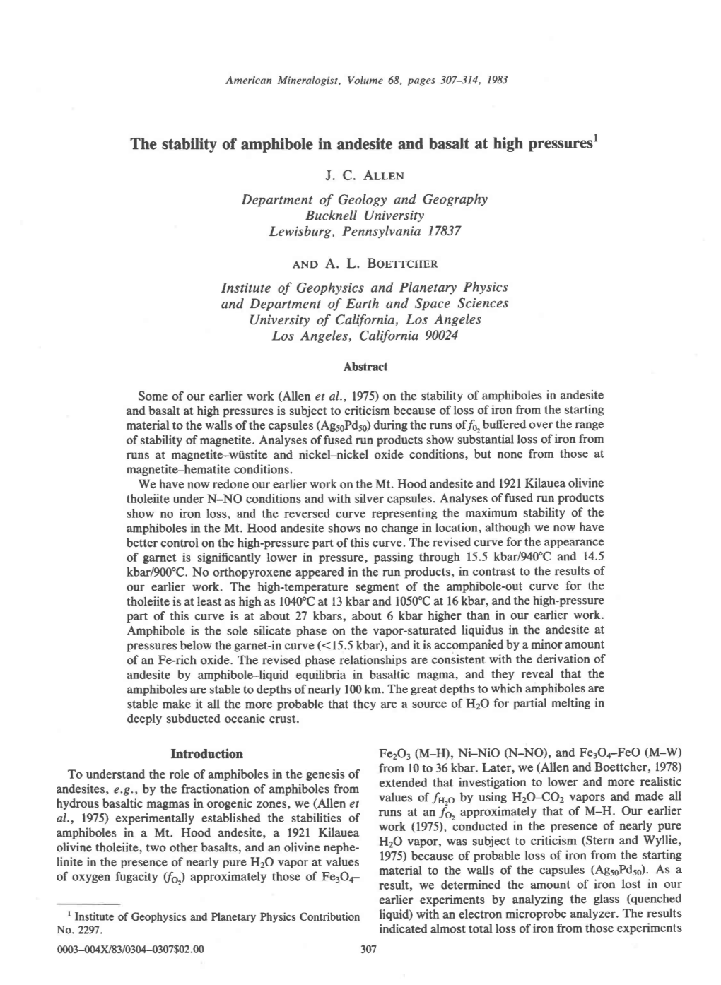 The Stability of Amphibole in Andesite and Basalt at High Pressuresr